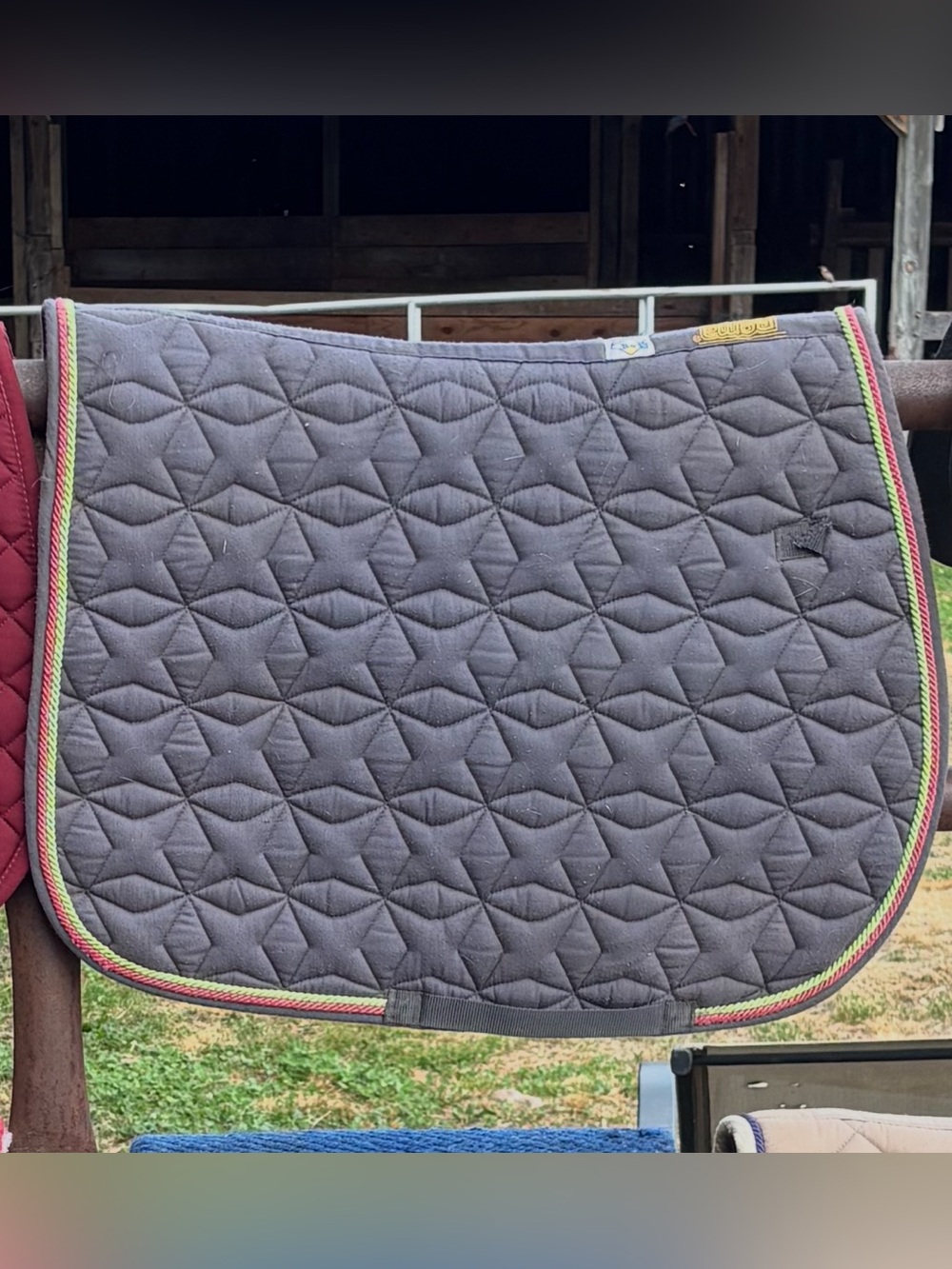 Roma Gray Quilted Saddle Pad with Pink & Green Trim